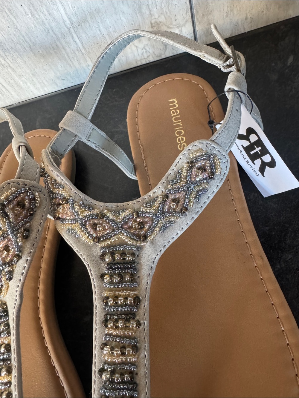 Maurices | Beaded T-Strap Sandals - Beige/Tan | 9 - Picture 3 of 4